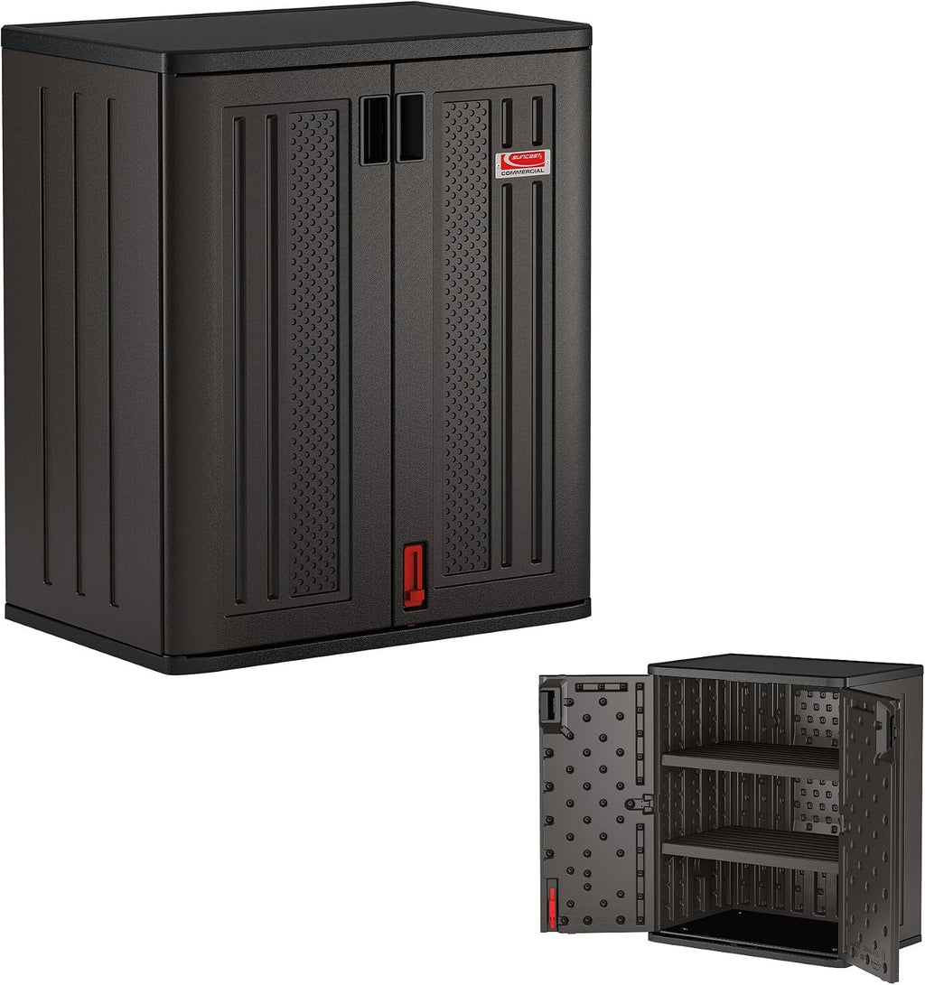 Suncast Heavy-Duty Resin Outdoor Storage Cabinet, 30' W x 20.25' D x 36' H Dark Grey Base Garage Storage Cabinet with Lockable Doors and Metal Reinforced Shelves, Made in The USA