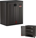 Suncast Heavy-Duty Resin Outdoor Storage Cabinet, 30' W x 20.25' D x 36' H Dark Grey Base Garage Storage Cabinet with Lockable Doors and Metal Reinforced Shelves, Made in The USA