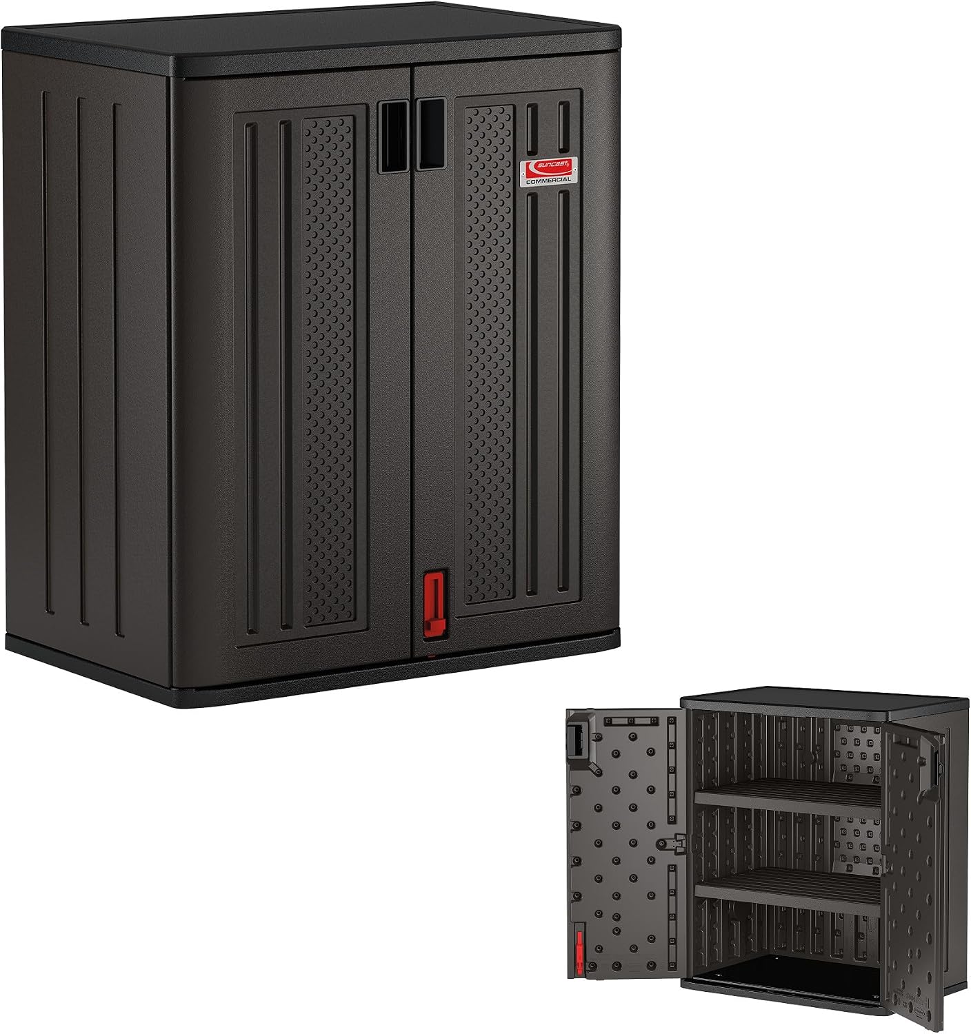 Suncast Heavy-Duty Resin Outdoor Storage Cabinet, 30' W x 20.25' D x 36' H Dark Grey Base Garage Storage Cabinet with Lockable Doors and Metal Reinforced Shelves, Made in The USA