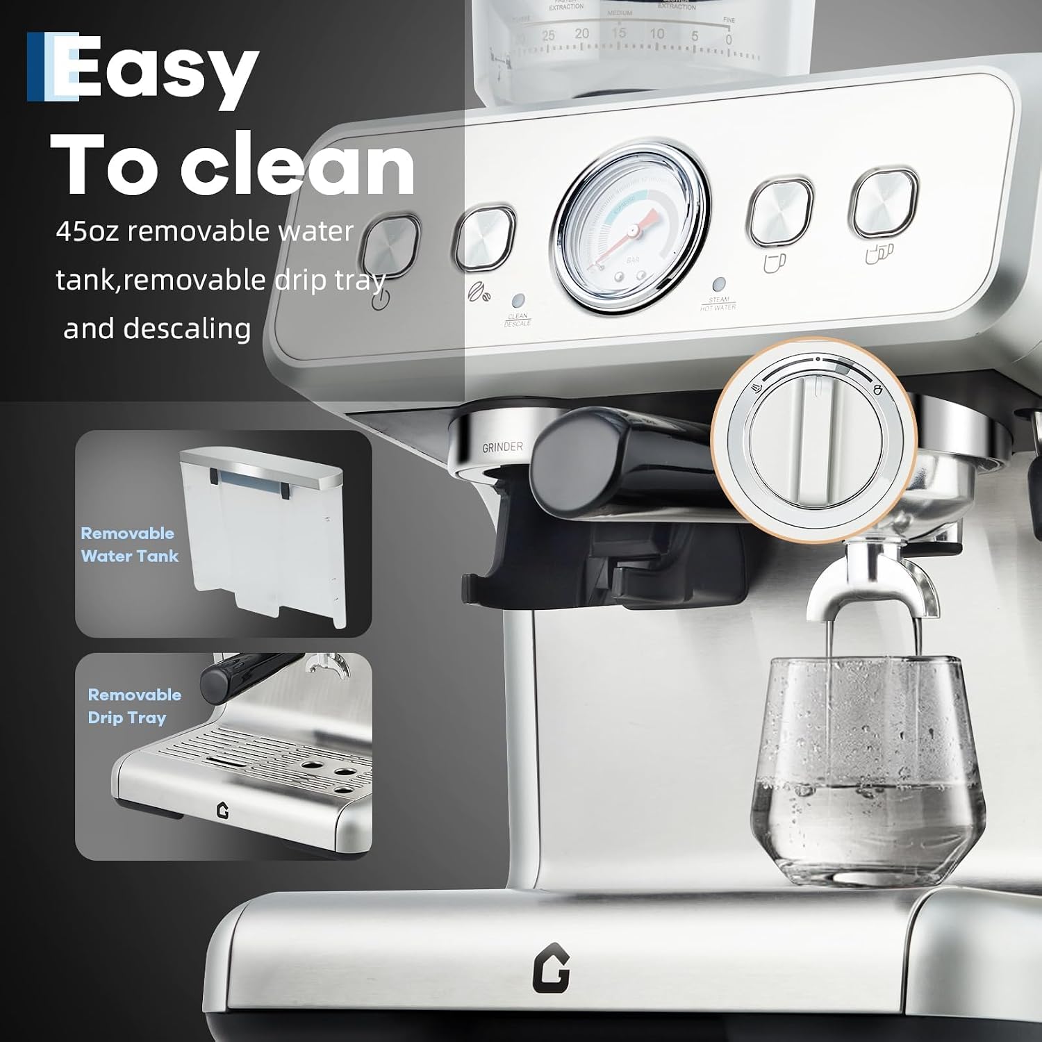 20-Bar Espresso Machine with Grinder – Stainless Steel Coffee Maker – 2.8L Removable Tank, 30 Grind Settings, Adjustable Shot Volume, Milk Frother Steam Wand for Home or Office