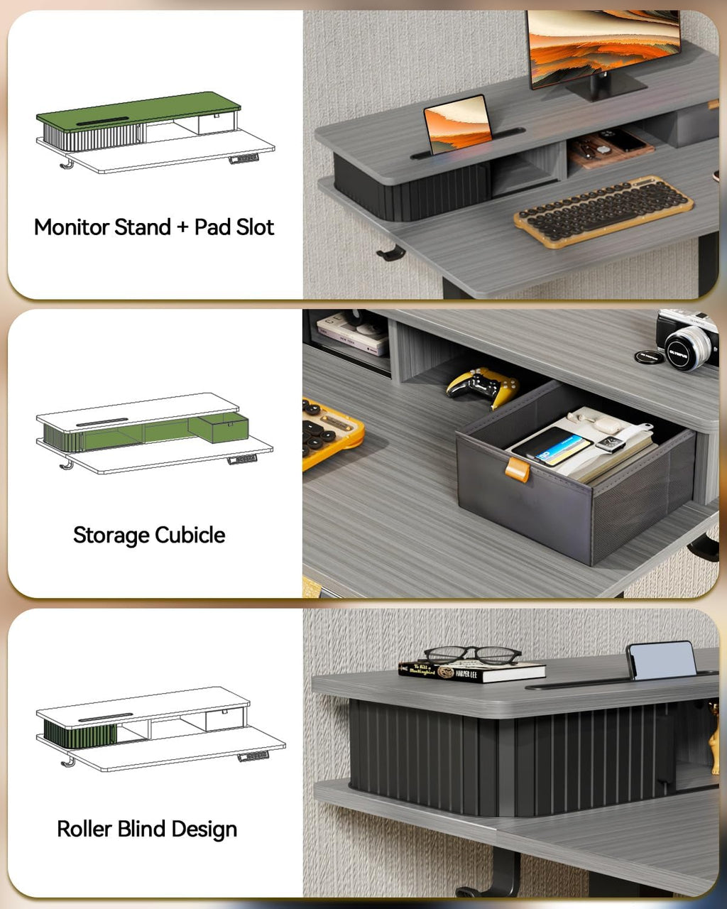 JOY worker Small Electric Standing Desk, 35' x 25' Height Adjustable Table with Built-in Monitor Stand & Storage Drawer, Grey Sit Stand Desk with 2 Hooks for Home Office