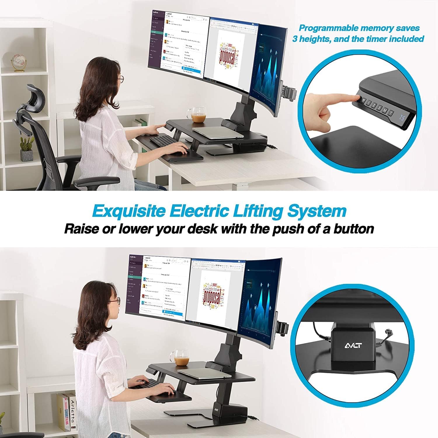AVLT Electric Standing Desk Converter for Triple 32' Monitors, Motorized Sit to Stand Riser with 28'x16' Tabletop, Large Keyboard Tray, Height Adjustable, Sturdy Base, Small Footprint