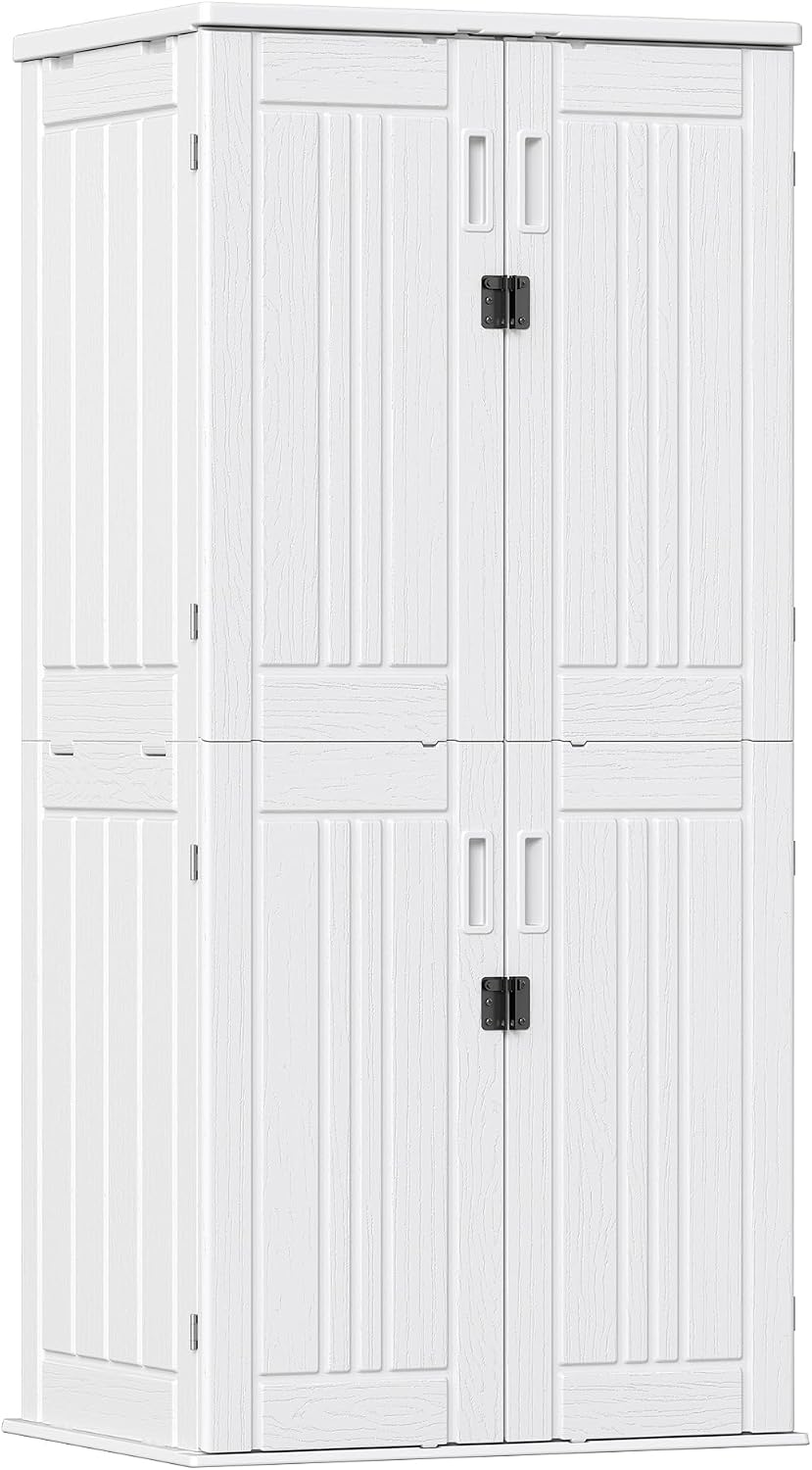 ZYJOYY Outdoor Storage Cabinet with 4 Shelves, 31.5' x 23.23' x 66.22' White Waterproof Resin Vertical Tool Shed, Lockable 30 cu.ft. Storage Shed for Patio, Garden, Yard