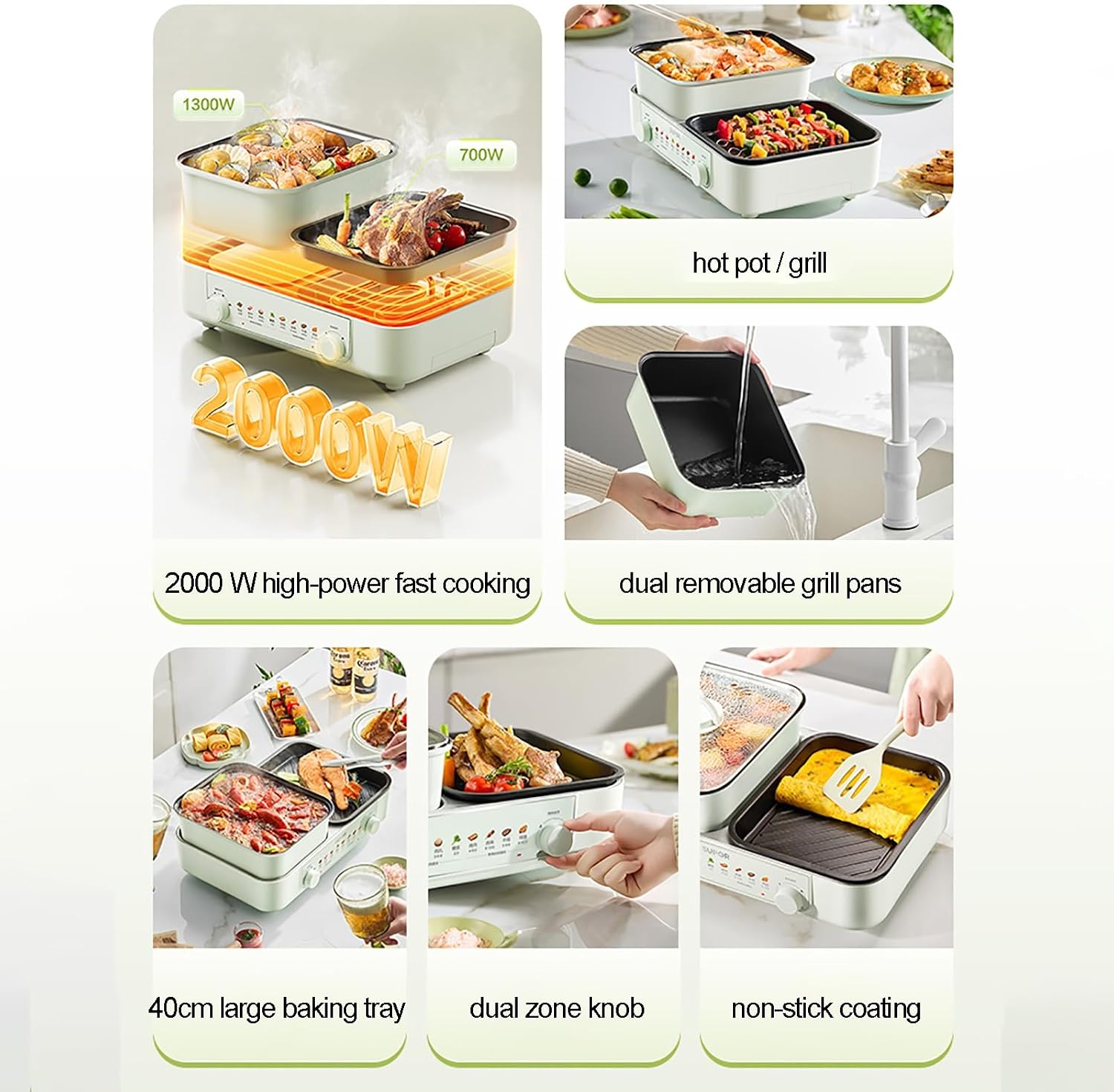 Hot Pot Electric Grill, 2000 W Indoor Non-Stick Electric Pot and Grill, Detachable Double Pot, Independent Dual Temperature Control