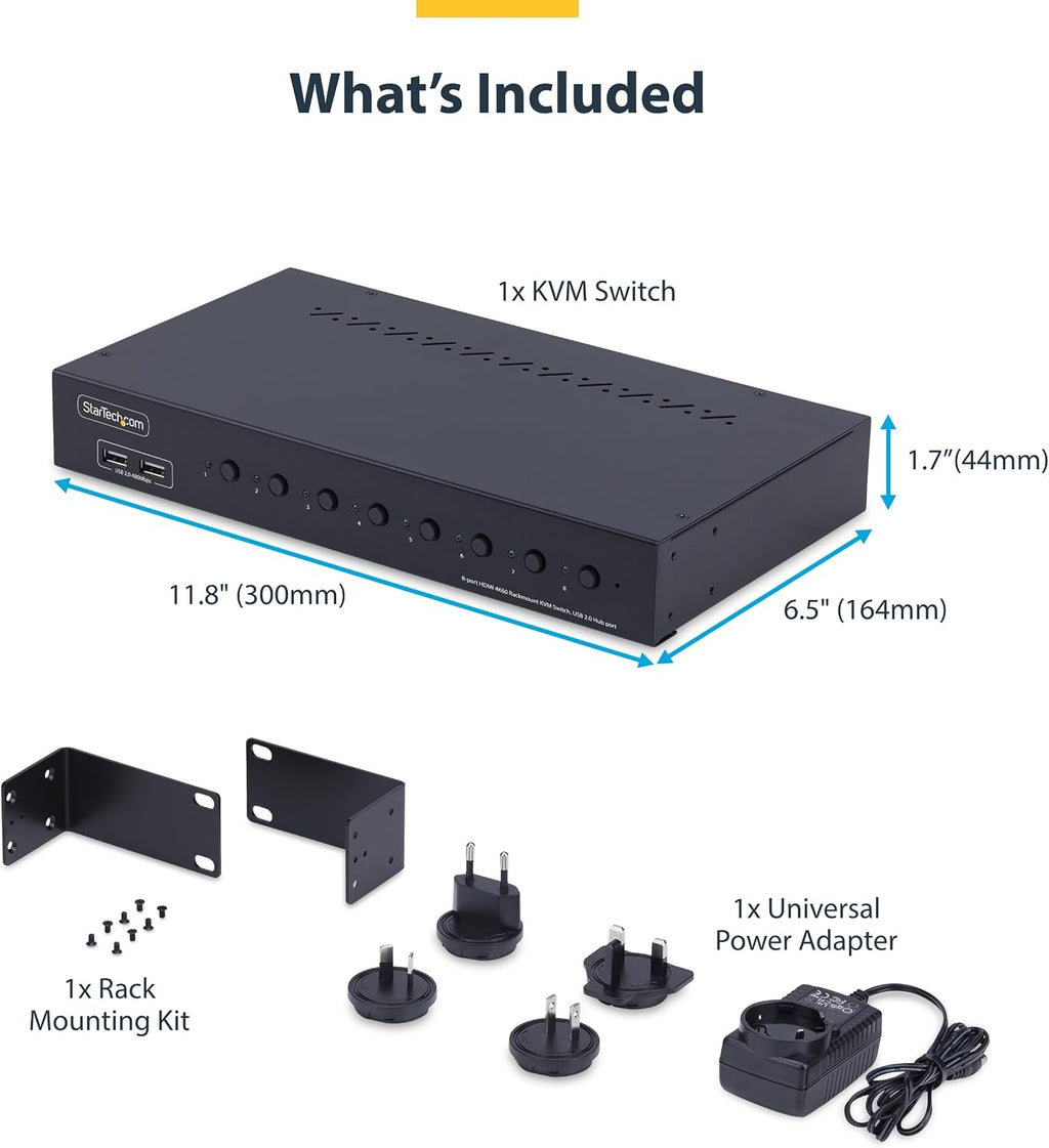 StarTech.com 8-Port HDMI KVM Switch w/1U Rack Mount Kit, 4K 60Hz HDMI 2.0, Push-Button/Hotkey Switching, TAA Compliant