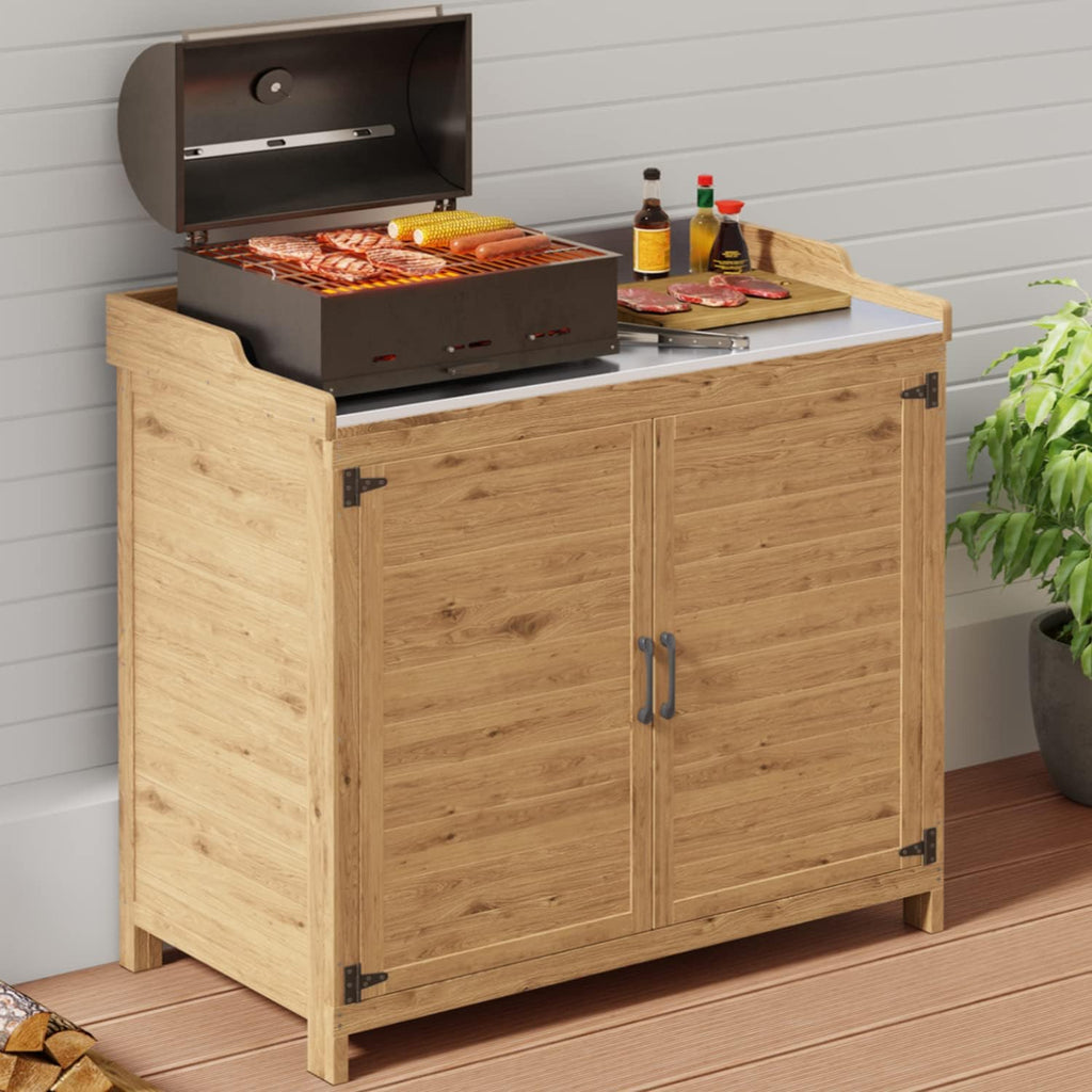 Gizoon Outdoor Potting Bench with Metal Tabletop, Outdoor Garden Patio Wooden Storage Cabinet with Adjustable Shelf, Double Doors Garden Work Bench for Backyard, Patio, Lawn - Natural