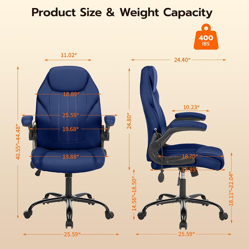 Ylzyxal Office Desk Chair, Ergonomic Computer Chair with Padded Flip-Up Arms and Adjustable Lumbar Support, PU Leather Executive Chair with Tilt Lock and 360° Swivel Rolling Wheels for Work, Study