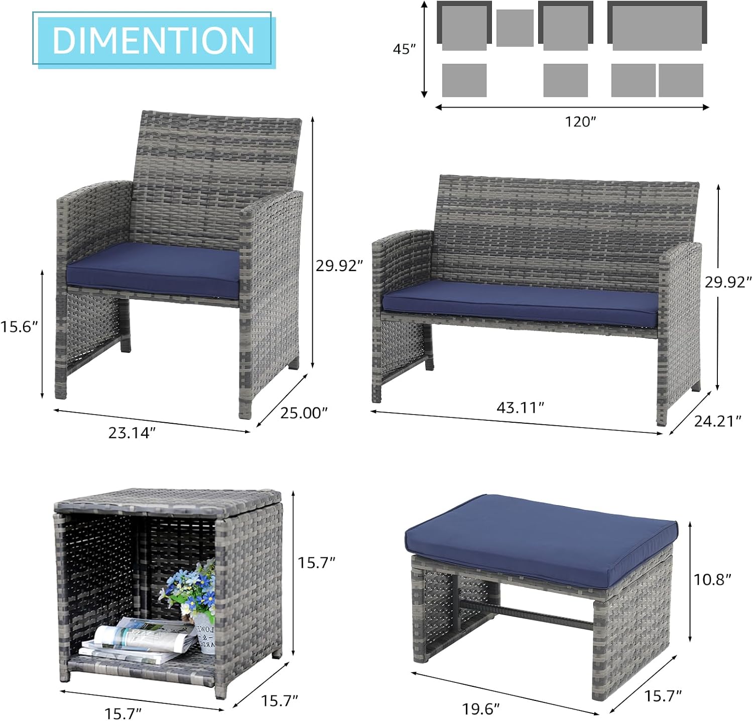 OC Orange-Casual Patio Furniture Sets,8 Pieces Conversation Set, Outdoor Wicker Bistro Set, All Weather Sectional Loveseat Chairs with Ottoman & Coffee Table, Grey Rattan with Navy Blue Cushion