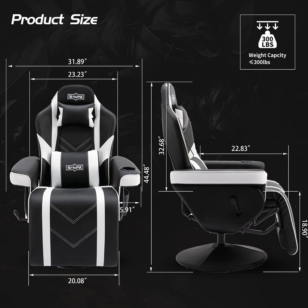 S*MAX Gaming Recliner Chair for Adults Higher Back Wider Lumbar Support Swivel PU Leather with Adjustable Backrest and Footrest Larger Cup Holder Side Pouch Black White X Large