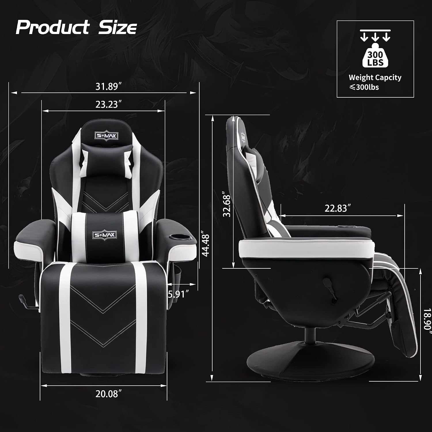 S*MAX Gaming Recliner Chair for Adults Higher Back Wider Lumbar Support Swivel PU Leather with Adjustable Backrest and Footrest Larger Cup Holder Side Pouch Black White X Large