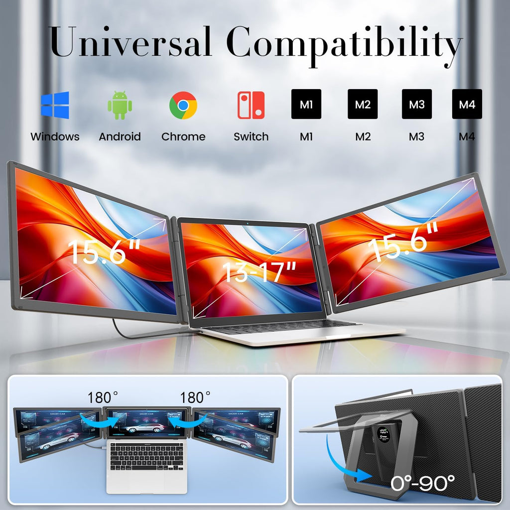 Teamgee 15.6' Laptop Screen Extender with Power Bank, FHD 1080P IPS Triple Monitor, HDMI/USB/Hub Plug-Play Display, Fits 13-17' Laptops (Mac/Windows/Android), Ideal for Home Office/Small Business