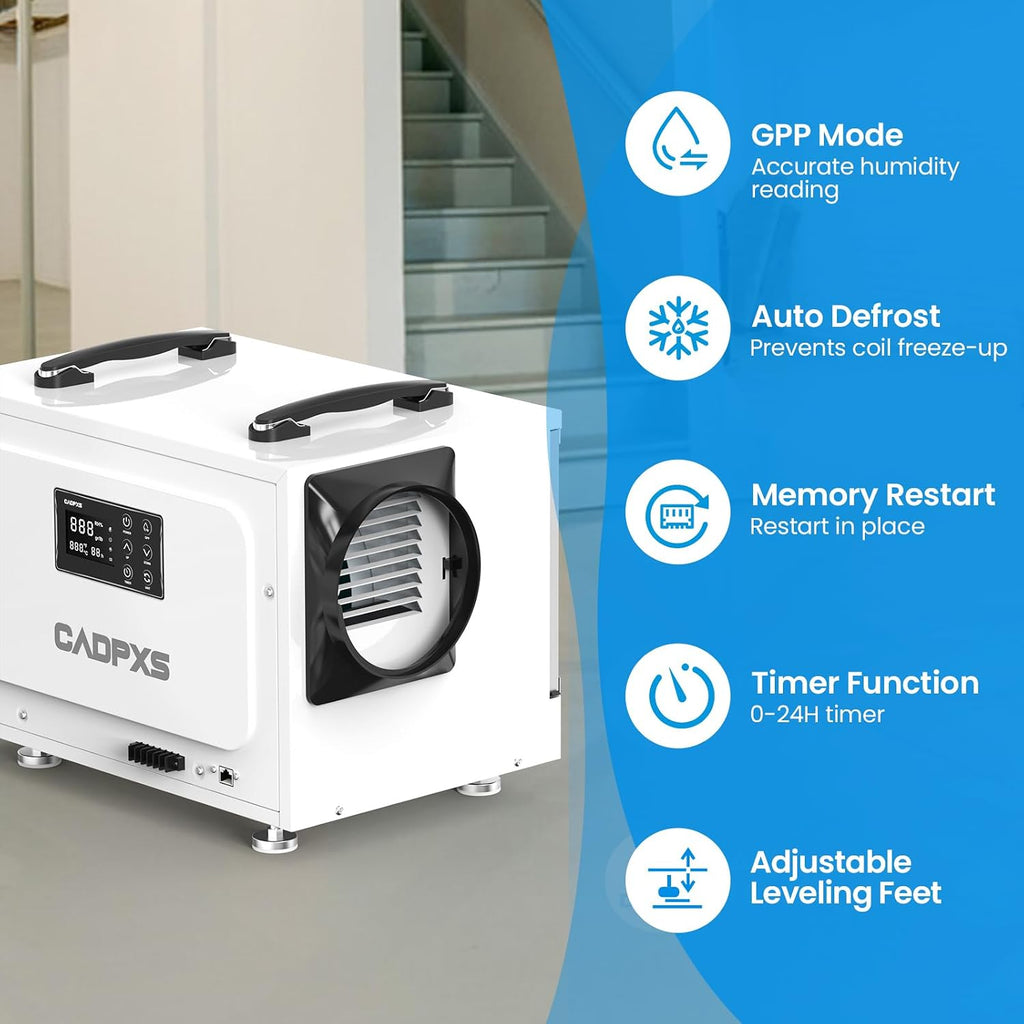 CADPXS Crawl Space Dehumidifier, 125 Pints Commercial Dehumidifiers with Drain Hose, Dehumidifier for Crawlspace, Basements & Water Damage Use, Auto Defrost & Memory Restart, cETL Listed