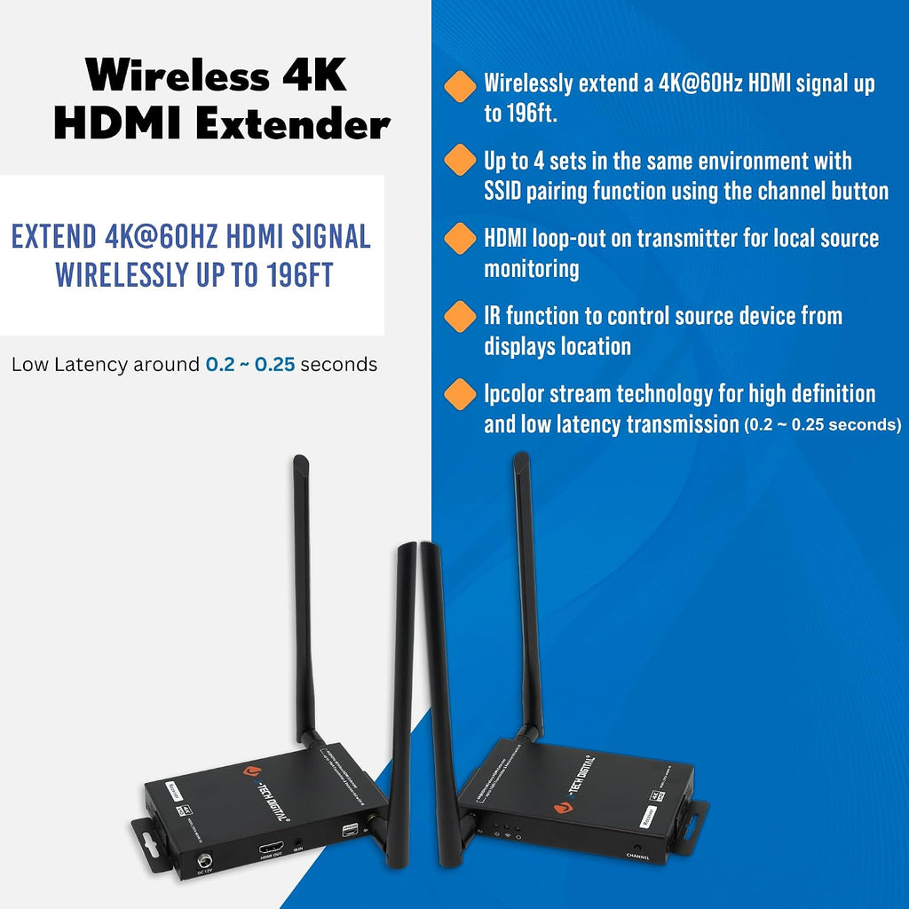 J-Tech Digital Wireless HDMI Transmitter and Receiver 4K 60Hz Up to 196ft., 5.1/5.2 GHz Low Latency HDMI Loop Output SSID Pairing Channel Change IR Passthrough [JTECH-WEX4K-50]