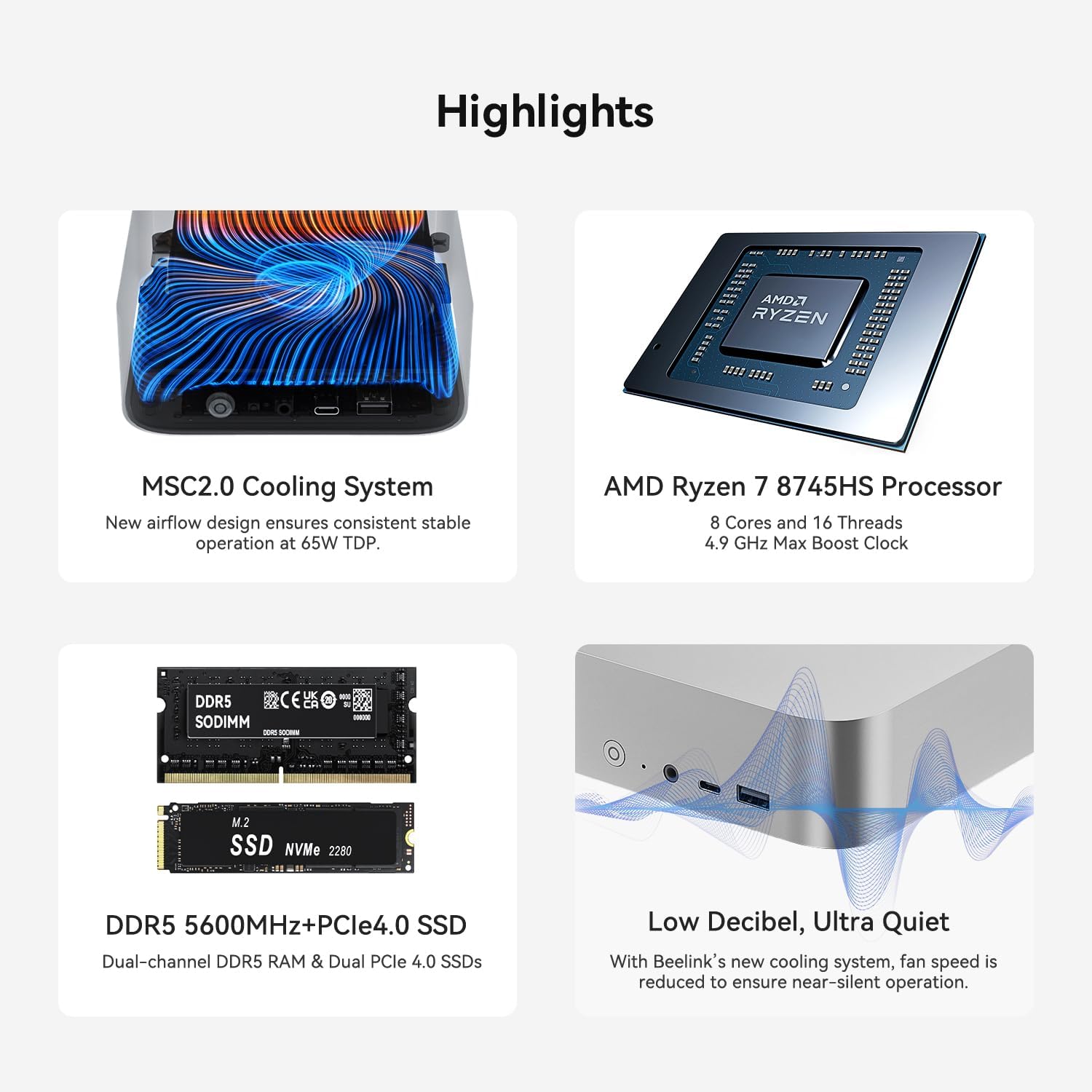 Beelink SER8 Mini PC with Ryzen 7 8745HS (8C/16T up to 4.9GHz), 32GB DDR5 +1TB PCle4.0 SSD, Wifi6+BT5.2+2.5G LAN, Mini Desktop Computers HDMI 2.1+DP 1.4+USB4 Triple-Display Output-Spacce Gray