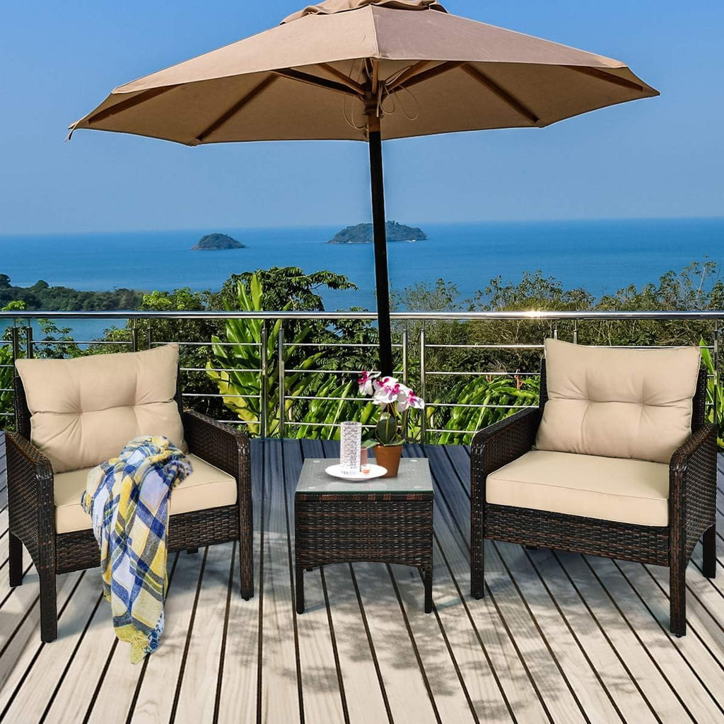 COSTWAY 3 Pieces Patio Furniture Set, Outdoor Wicker Cushioned Sofa Set with Coffee Table, All Weather Rattan Conversation Set for Garden Balcony Backyard Poolside Lawn, Beige