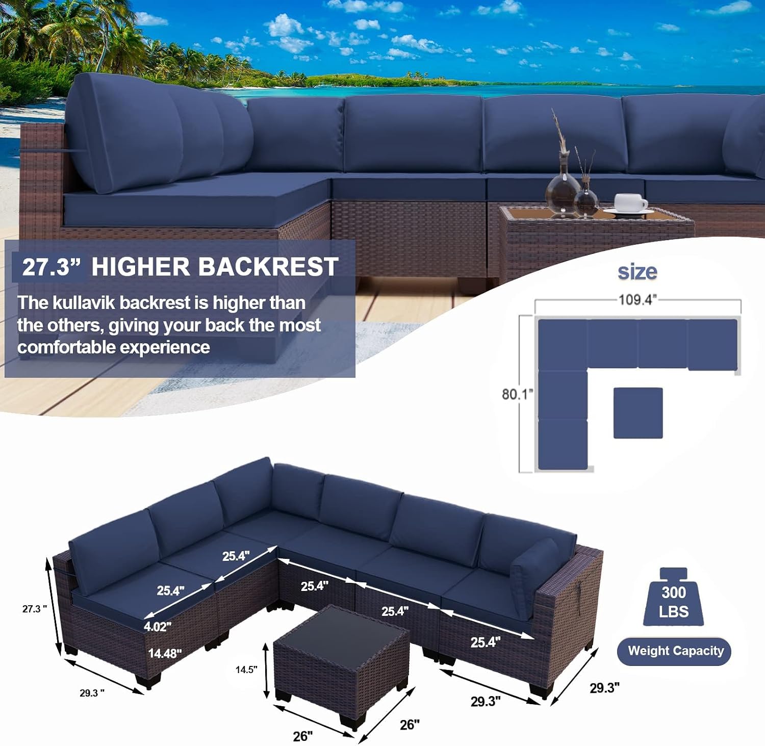 Kullavik 7 Pieces Outdoor Patio Furniture Set,Wicker Outdoor Sectional Sofa,All-Weather Patio Conversation Sets with Washable Thick Cushions & Coffee Table for Garden,Backyard,Balcony,Porch,Navy Blue