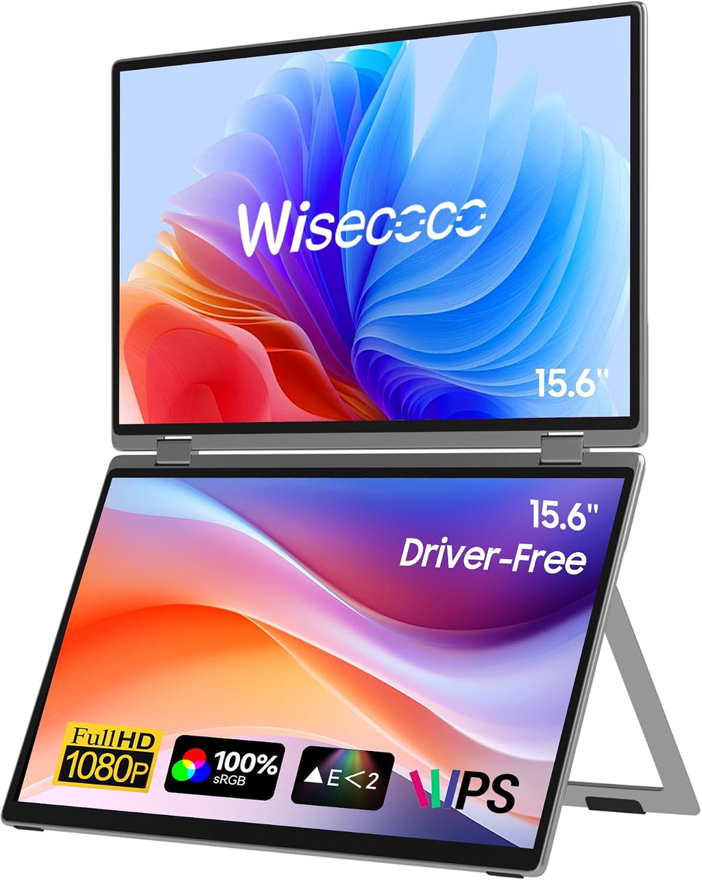 wisecoco 15.6' Dual Screen Monitor Portable for Laptop Screen Extender IPS 1080P 360°Foldable Stacked Display with Kickstand HDMI USB-C for PC Laptop Game Console Windows Mac Driver-Free Flip S5