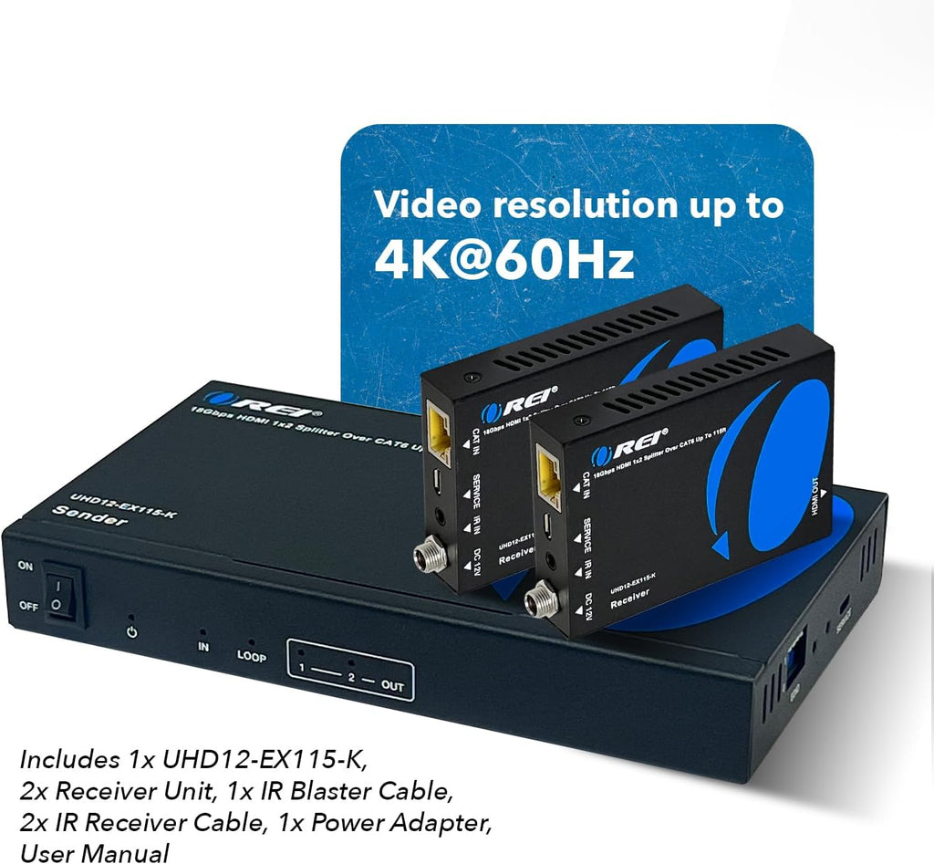 OREI 1x2 HDMI Extender Splitter 4K by Multiple Over Single Cable CAT6/7 4K@60Hz 4:4:4 HDCP 2.2 with IR Remote EDID Management - Up to 115 Ft - Loop Out - Low Latency - Full Support