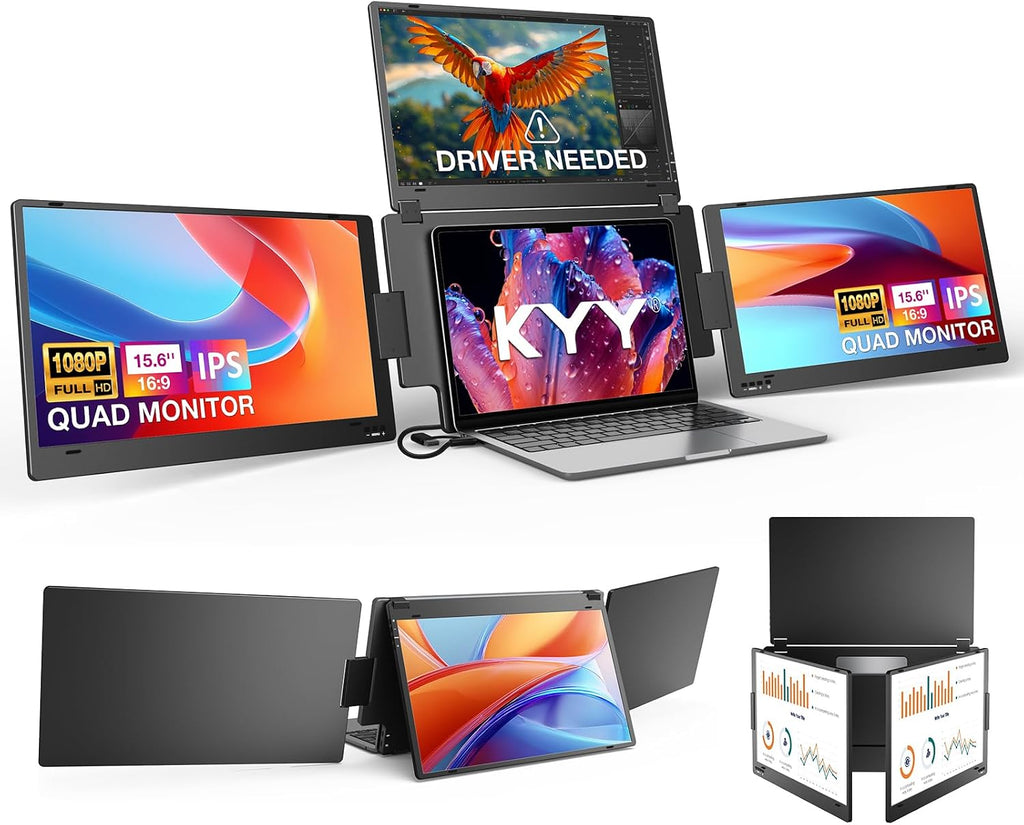 KYY Laptop Screen Extender 15.6''1080P Quad Portable Monitor, Triple Monitor 1 USB-C Connection, Auto-Rotation Top Display, Built-in Stand, for 12–17'' Laptop, for Windows MacOS Linux(Ubuntu)