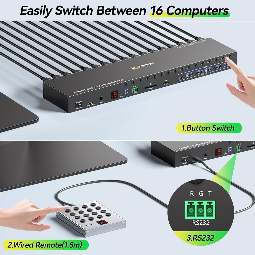 10 Port 8 Port 2 Monitors KVM Switch HDMI 4K@60Hz EDID Simulation, USB 3.0 Dual Monitor KVM Switch 2 Monitors 8 Computers 10 Computers,4 USB3.0 Ports, Audio,RS232,Wired Remote,12V Power,10 USB Cables