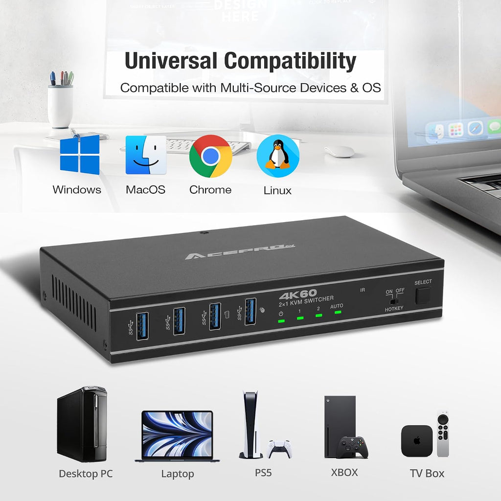 2x1 HDMI/USB-C 4K60Hz KVM Switch with PD Pass-Through - Selector for 2 Computers Sharing 4K Monitor Keyboard Mouse - Includes Cables to Connect Host Devices - Supports 100W Fast Charging