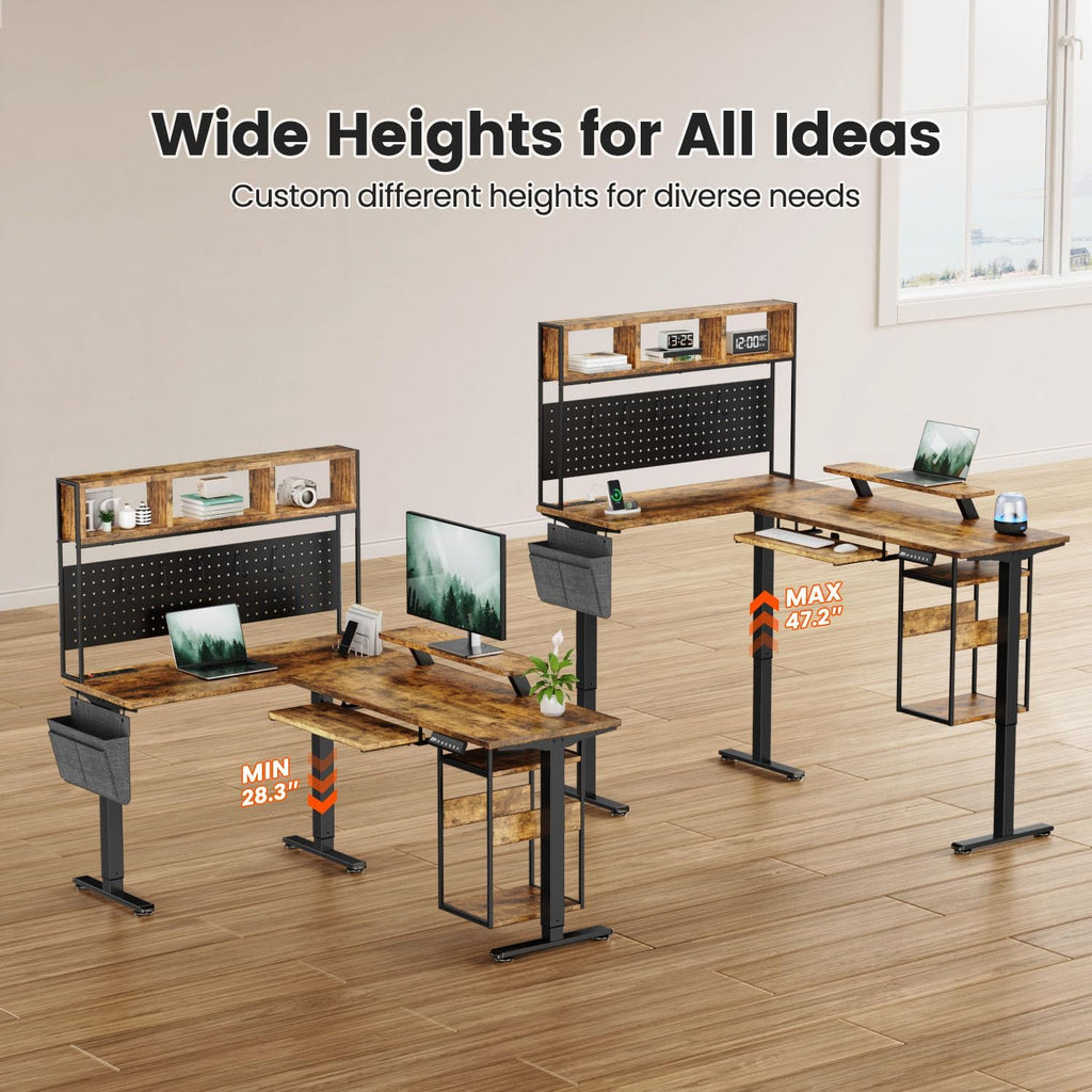 Flycity Electric L Shaped Standing Desk Adjustable Height, 67' x 47' Corner Computer Desk with Host Shelf, Gaming Desk with LED Lights & Power Outlet, Dual Motor Home Office Desk with Storage, Brown