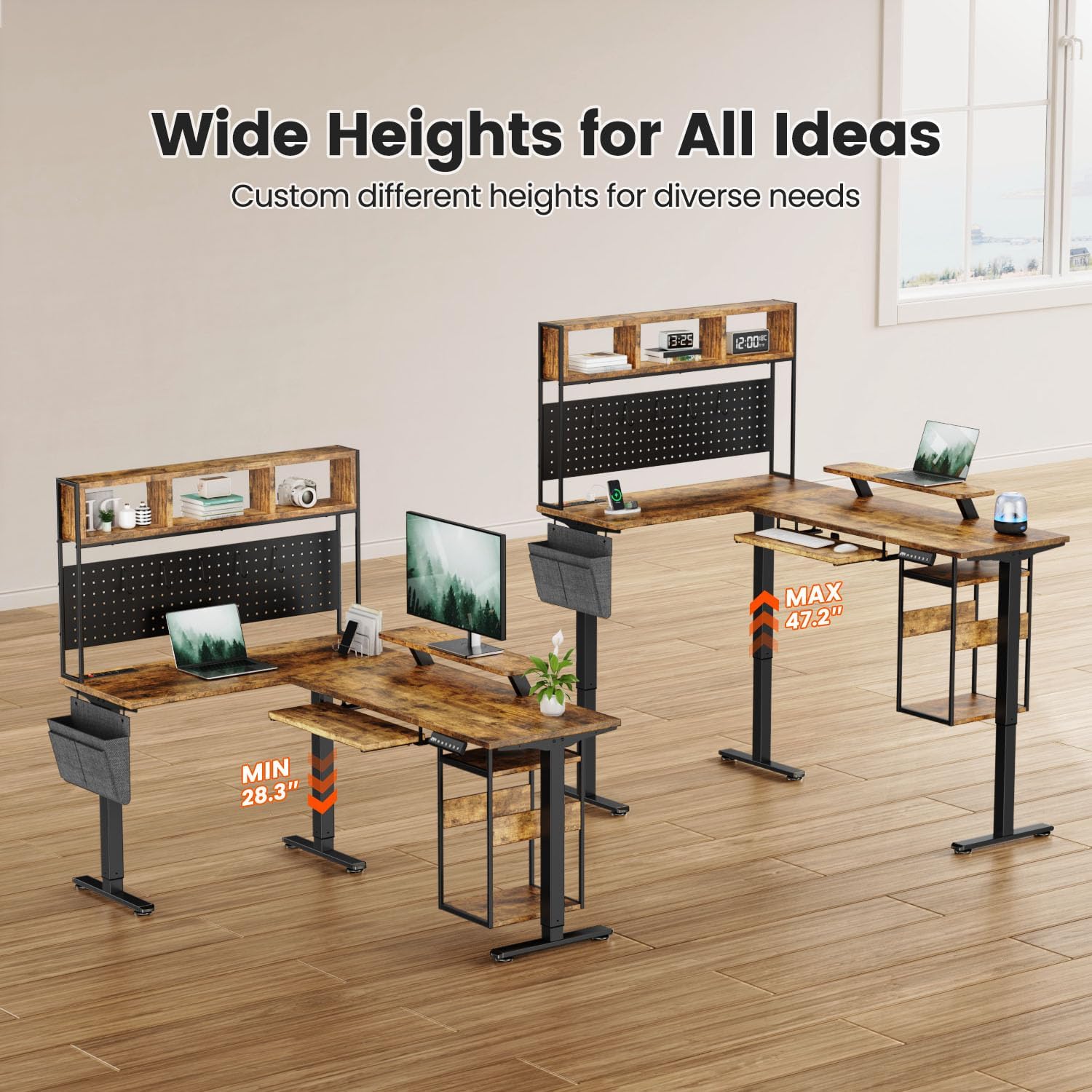 Flycity Electric L Shaped Standing Desk Adjustable Height, 67' x 47' Corner Computer Desk with Host Shelf, Gaming Desk with LED Lights & Power Outlet, Dual Motor Home Office Desk with Storage, Brown