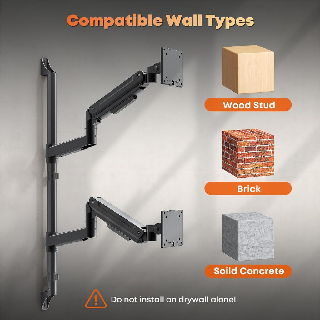 17-49' Dual Monitor Wall Mount - Fits Ultrawide Screens, Heavy Duty Gas Spring Arm with Long 35.4' Pole for Max Height Adjustment, Holds 44 lbs per Arm, VESA 75/100mm, Black
