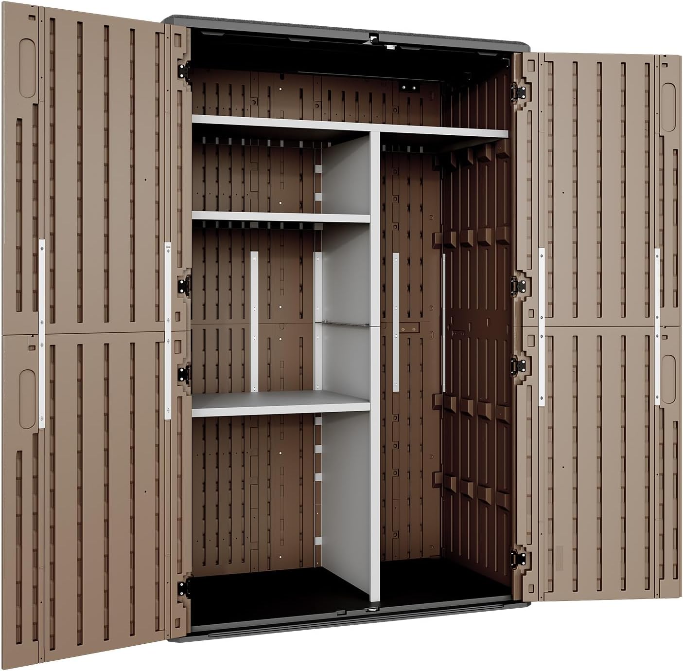 Aoxun Outdoor Storage Shed with Metal Shelving Kit & Floor, 64 Cu.Ft Large Outdoor Storage Cabinet, Waterproof Vertical Resin Shed for Garden Tools, Pool Equipment, Brown