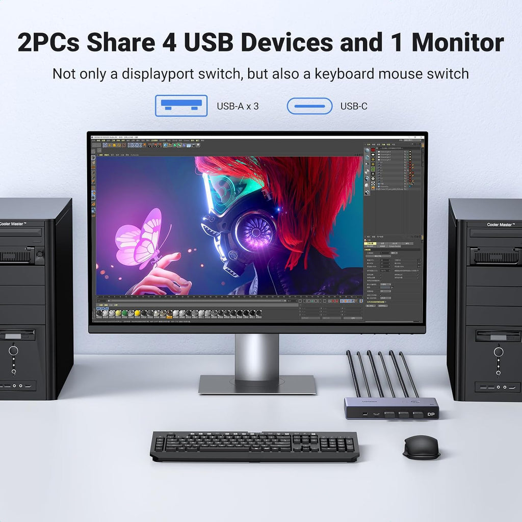 UGREEN 8K Displayport KVM Switch DP 1.4 with 4 USB 3.0 Ports (3 USB-A + 1 USB-C) Bundle with UGREEN USB C to DisplayPort 1.4 Cable 8K@60Hz 4K@240Hz Thunderbolt 4/3 to DisplayPort Cord