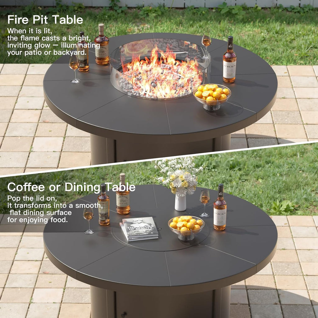 Kurapika 7 Piece Metal Outdoor Patio Furniture Set with Round Fire Pit Table, Patio Conversation Sets 6 Swivel Chairs with Thick Cushion and 40000 BTU Fire Pit Table, Sand
