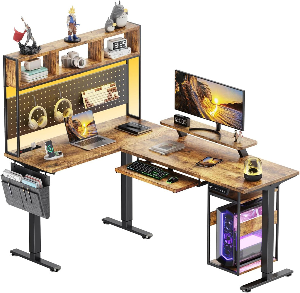 Flycity Electric L Shaped Standing Desk Adjustable Height, 67' x 47' Corner Computer Desk with Host Shelf, Gaming Desk with LED Lights & Power Outlet, Dual Motor Home Office Desk with Storage, Brown