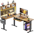 Flycity Electric L Shaped Standing Desk Adjustable Height, 67' x 47' Corner Computer Desk with Host Shelf, Gaming Desk with LED Lights & Power Outlet, Dual Motor Home Office Desk with Storage, Brown