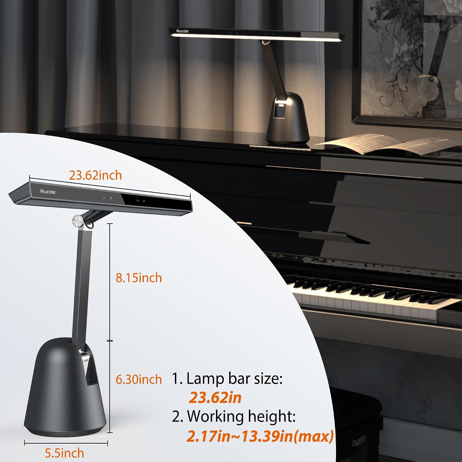 Quntis 55'' Ultra Wide Illumination Piano Light, 12W LED Professional Eye Caring Piano Lamp with Auto-Dimming, Dimmable Modern Reading Lamp, 2H Timer, Music Stand Light for Upright Piano