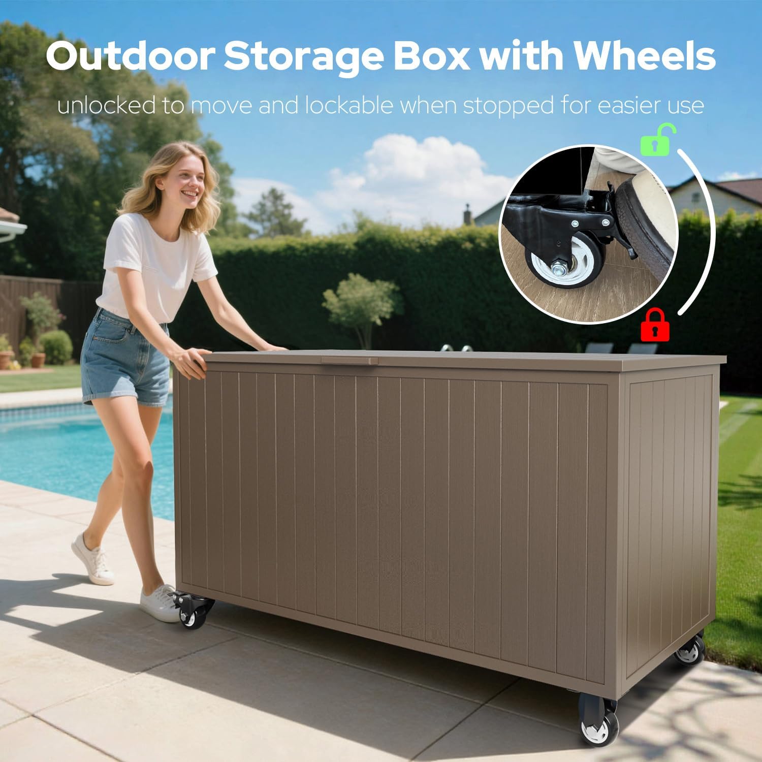 Outdoor Storage Box with Wheels 150 Gallon, Mobile Aluminum Deck Boxes Outdoor Waterproof, UV Resistant Patio Storage Box with Lid for Patio Furniture, Garden Tools, Outdoor Cushion (Brown)