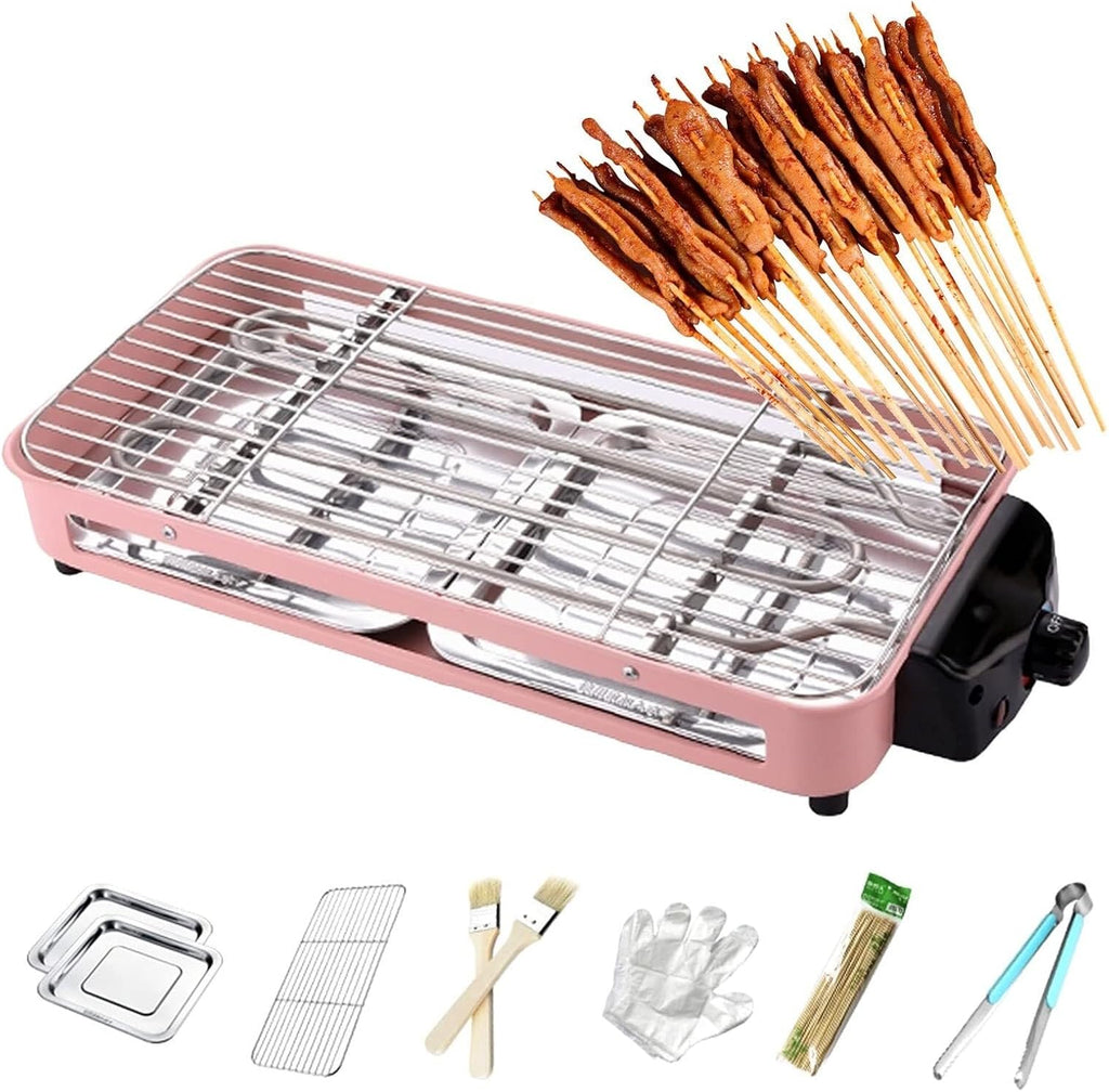 Smokeless Table Grill, Electric BBQ Grill 1500 W for Indoor Outdoor Use, Electric Table Top Griddle, Non-Stick Coating Grill Surface 42.5x20.5 cm, Removable Grease Tray, for Festival Party,Pink(Pink)