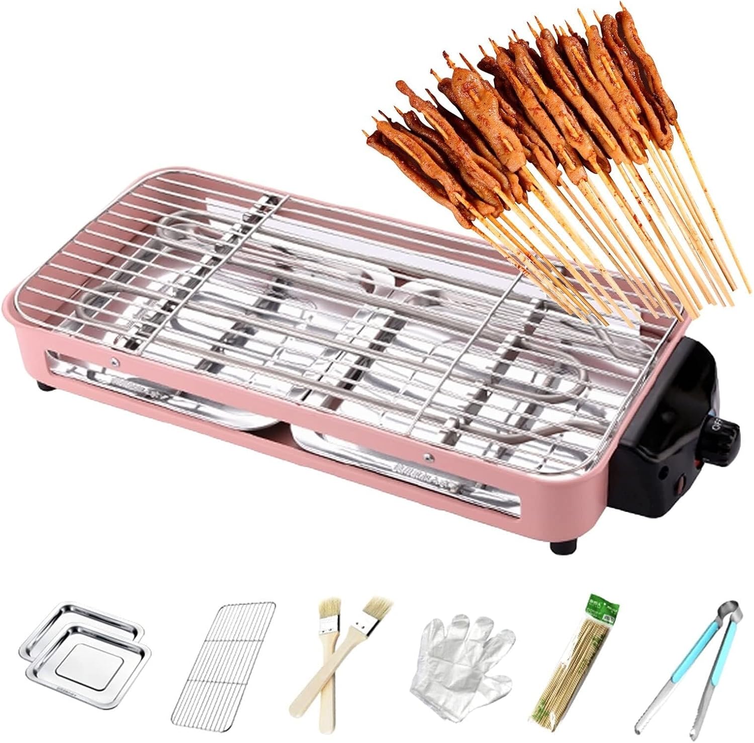 Smokeless Table Grill, Electric BBQ Grill 1500 W for Indoor Outdoor Use, Electric Table Top Griddle, Non-Stick Coating Grill Surface 42.5x20.5 cm, Removable Grease Tray, for Festival Party,Pink(Pink)