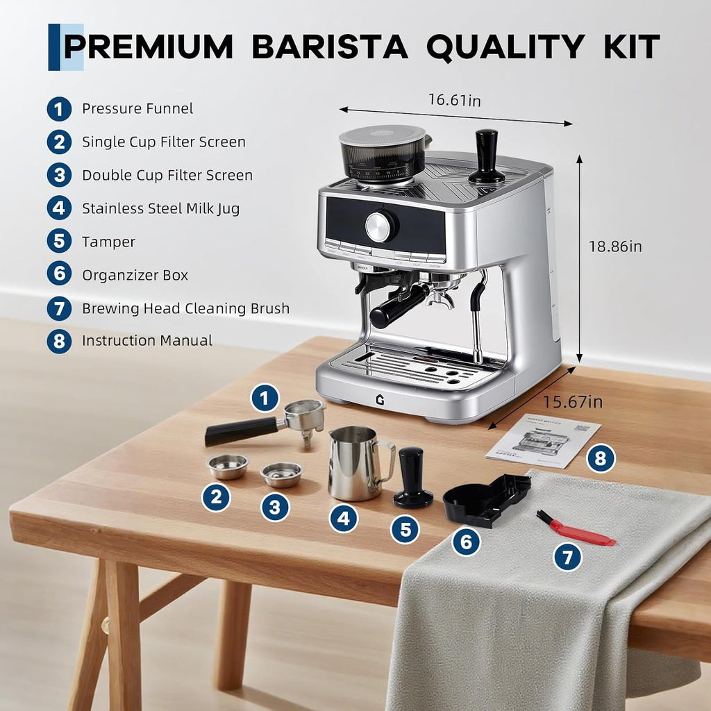 TROPOW Espresso Machine with Grinder - 20 Bar Pressure Professional, Stainless Steel Coffee Maker with Milk Frother, 1.5l Removable Water Tank for Latte, Cappuccino, Home & Office