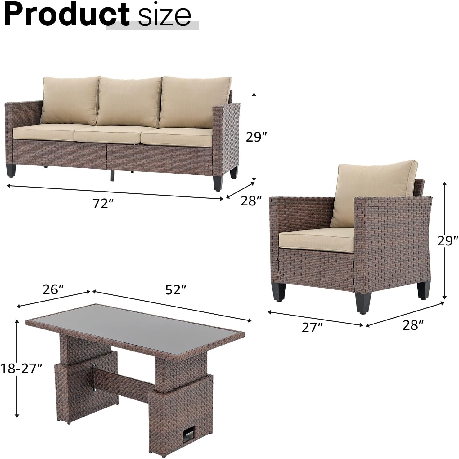 SUNSITT Outdoor Patio Furniture Set 4 Piece Wicker Conversation Set with Lift Coffee Table Sectional Dining Set 3 Seat Sofa Couch with Club Chair, Brown Wicker & Beige Cushion