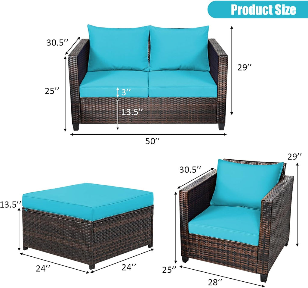 Tangkula 5 Pieces Rattan Patio Furniture Set, Outdoor Sectional Wicker Sofa Set with Loveseat, 2 Single Sofas, 2 Ottomans & Removable Cushion, Outside Daybed Sofa for Yard, Garden, Poolside, Turquoise