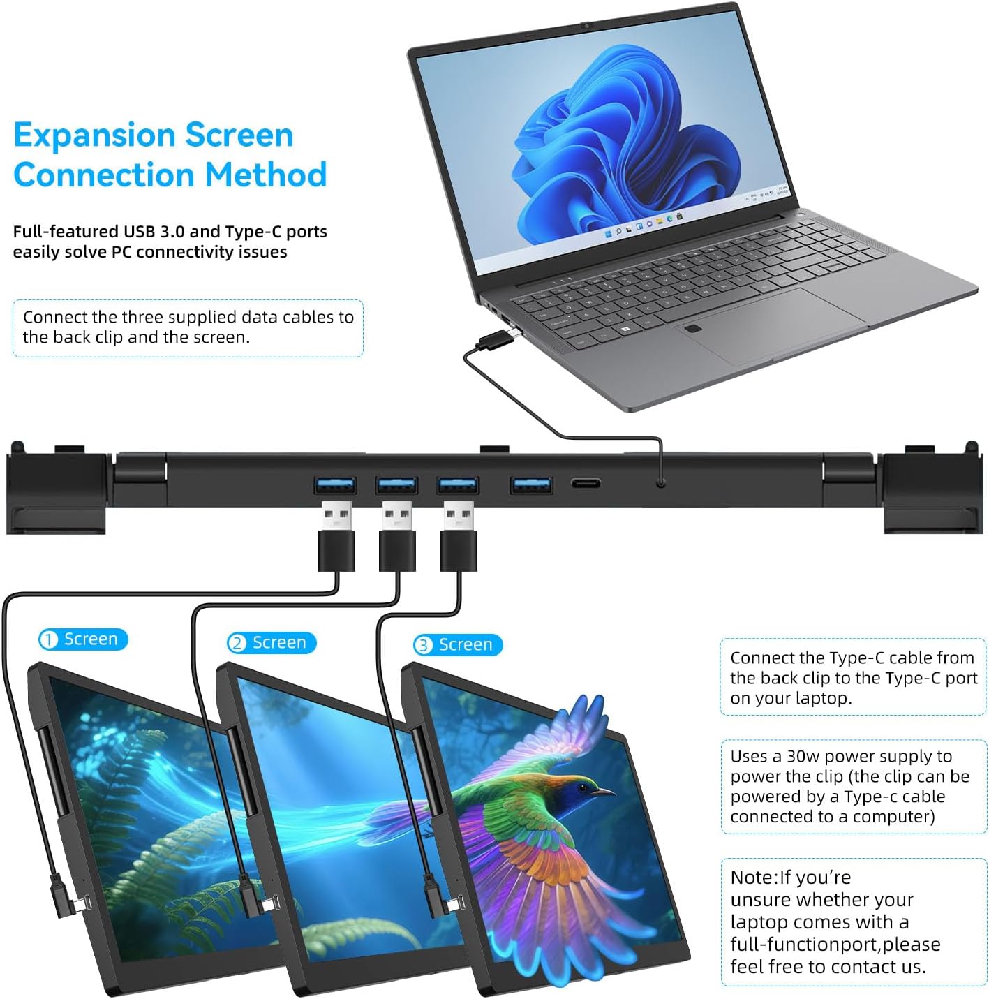 ADREAMER 13.3' Triple Screen Laptop Monitor Extender, Detachable 3 Screen Monitor for Laptop 13'-16', 1920x1200 IPS 16:10, 1 Cable for 3 Displays, Compatible with Wins/Mac.