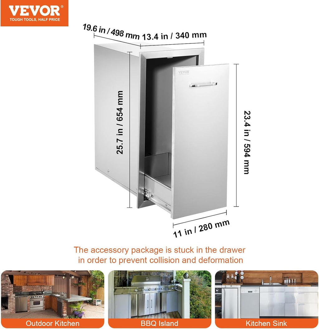 VEVOR Pull-Out Trash Drawer 13.4'W x 25.7'H x 19.6'D Lower Sliding Rails Steel Roll-Out Trash Bin Pull-Out Tray Outdoor Handled Kitchen Trash Drawer for BBQ Island Grill Station Trash Can NOT Included