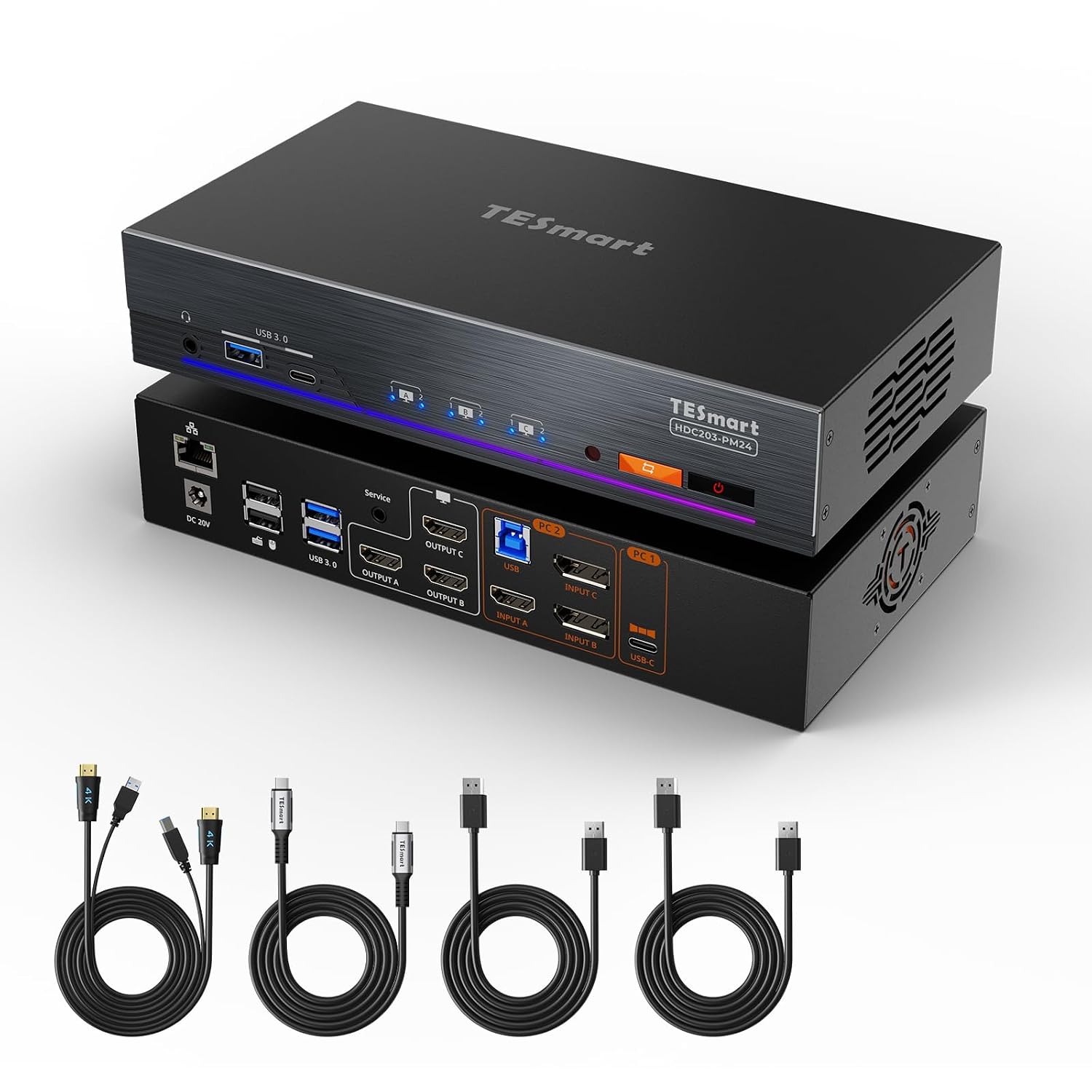 (DisplayLink MacBook) TESmart 4K@60Hz KVM Switch 3 Monitors for 1 MacBook & 1 Desktop, MST&EDID Triple Monitor KVM USB-C 100W PD, Gigabit LAN, USB 3.0, Button&Hotkey Switch, Include All Input Cables