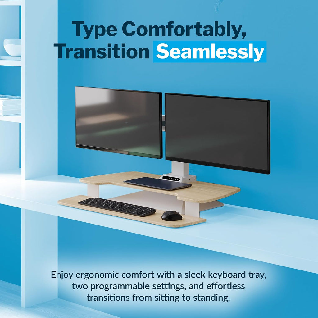 Vari VariDesk Premier Electric Converter -All-in-One Standing Desk Height Adjustable Riser - USB-A & USB-C - Ideal for Home Office Workspace - Dual Monitor Mount Computer Workstation (Light Wood)