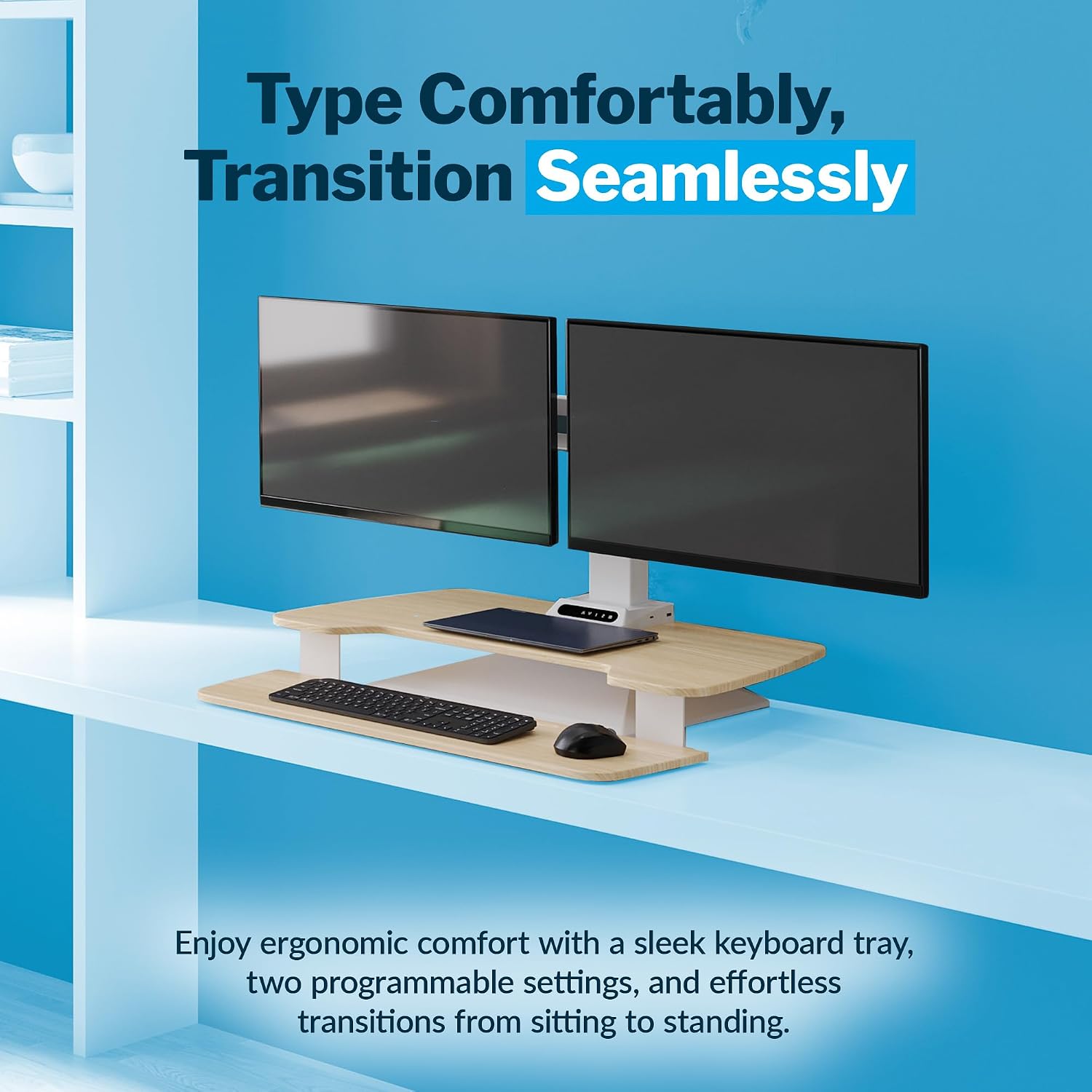 Vari VariDesk Premier Electric Converter -All-in-One Standing Desk Height Adjustable Riser - USB-A & USB-C - Ideal for Home Office Workspace - Dual Monitor Mount Computer Workstation (Light Wood)