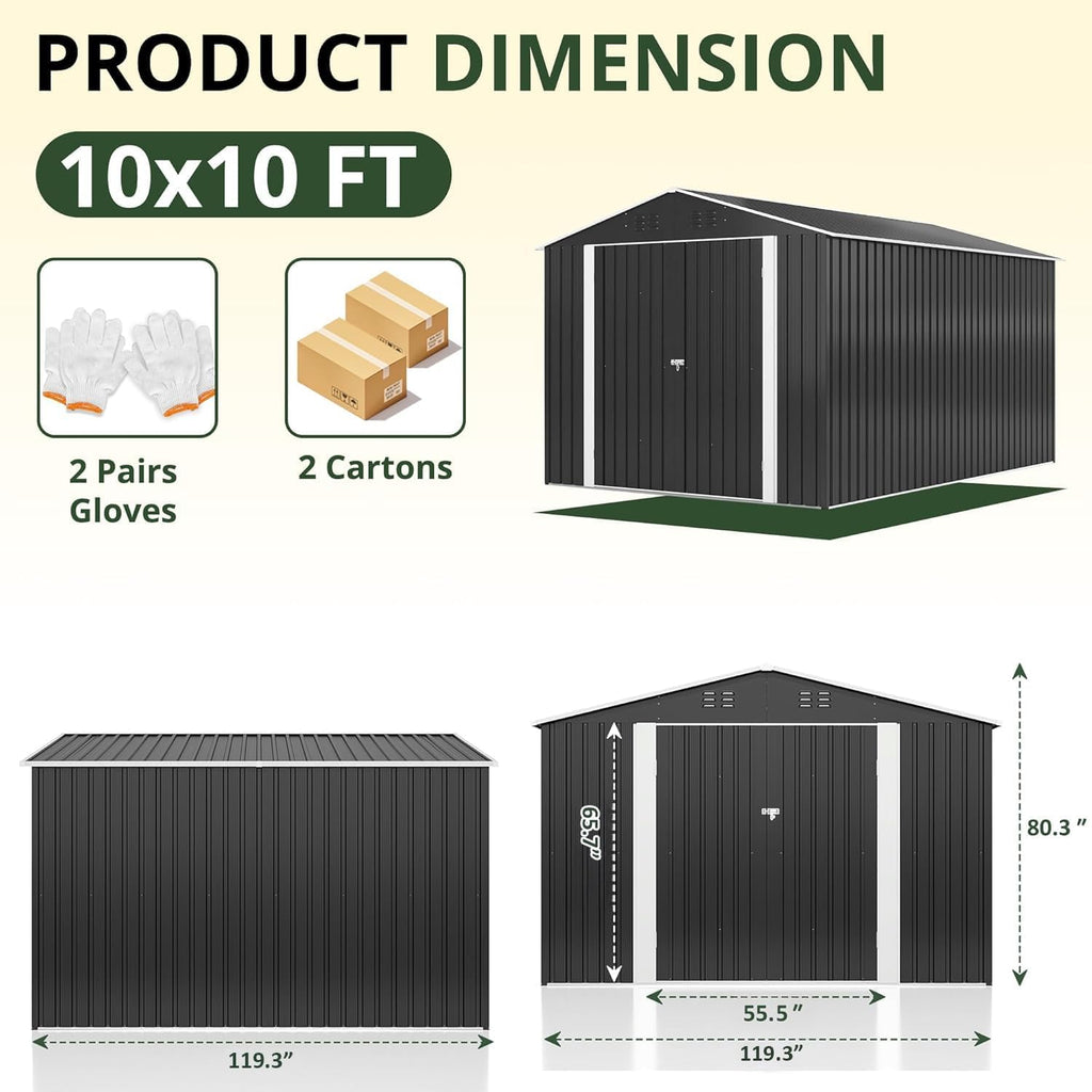 AirWire 10x10 FT Storage Shed, Garden Shed with Updated Frame Structure and Lockable Doors, Metal Tool Sheds for Backyard Garden Patio Lawn, Grey