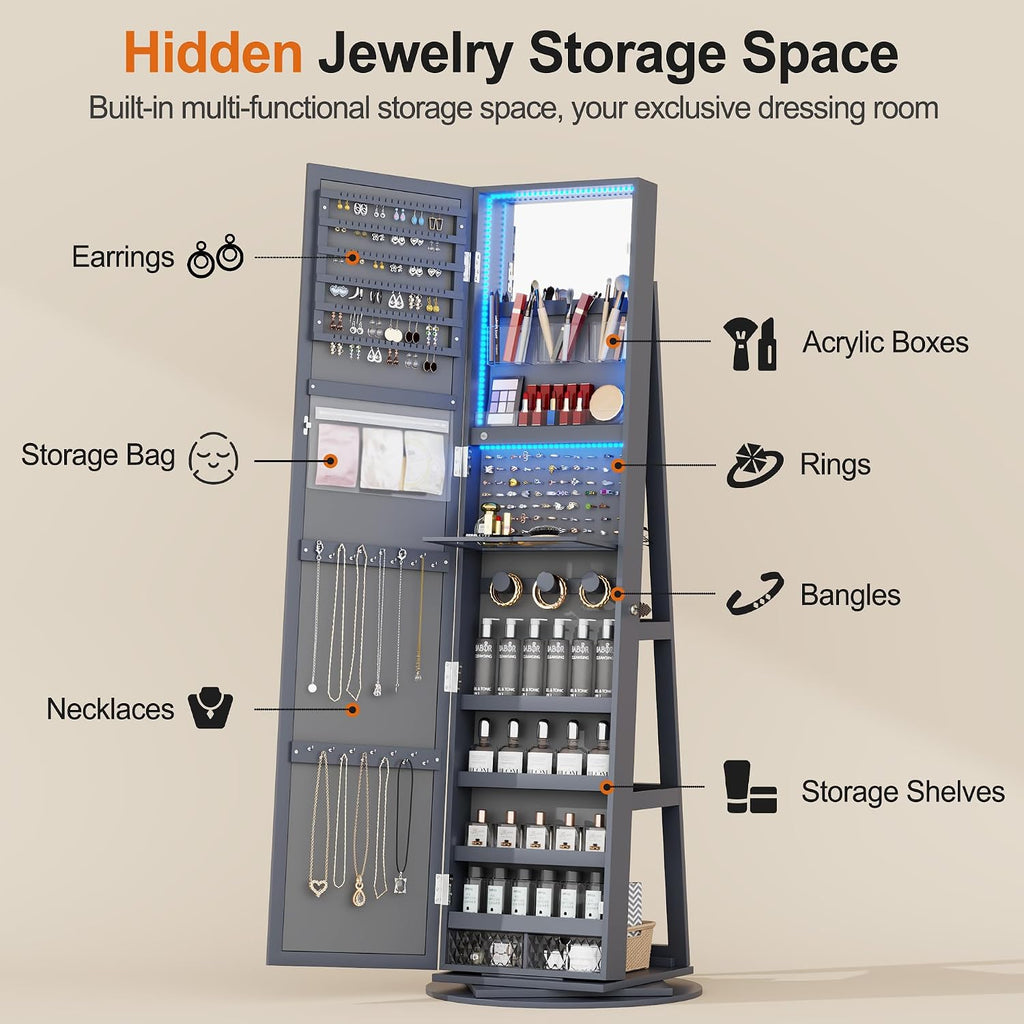 360° Rotating LED Jewelry Armoire with Lockable,3 Color Dimmable Full Length Mirror with Makeup Tray,Jewelry Organizer Cabinet with Back Storage Shelves