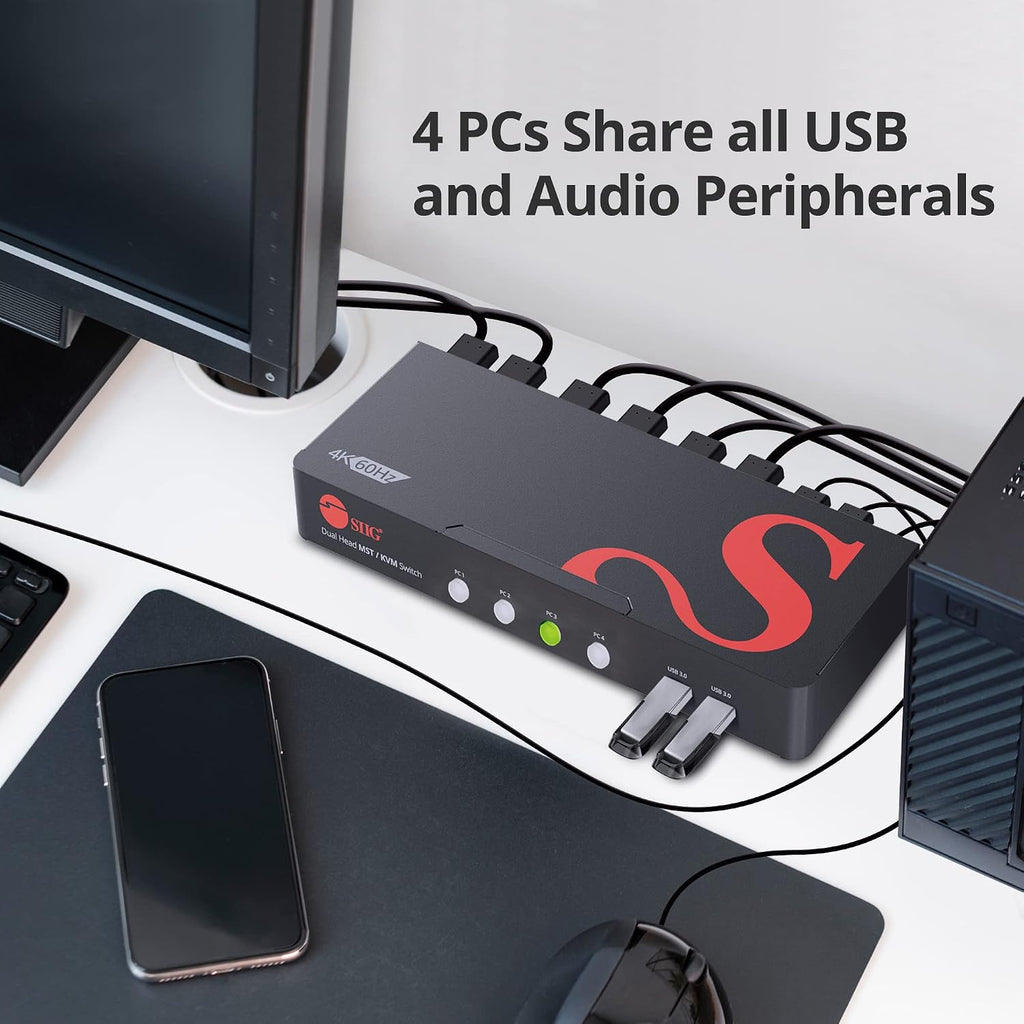 SIIG Dual Monitor DisplayPort KVM Switch 4 Computers 2 Monitors, 4X USB-A 5G, DP 1.4/ 8K 30Hz/ 4K 144hz with 3.5mm Audio & Mic, Keyboard & Mouse, TAA Compliant (CE-KV0H11-S1)