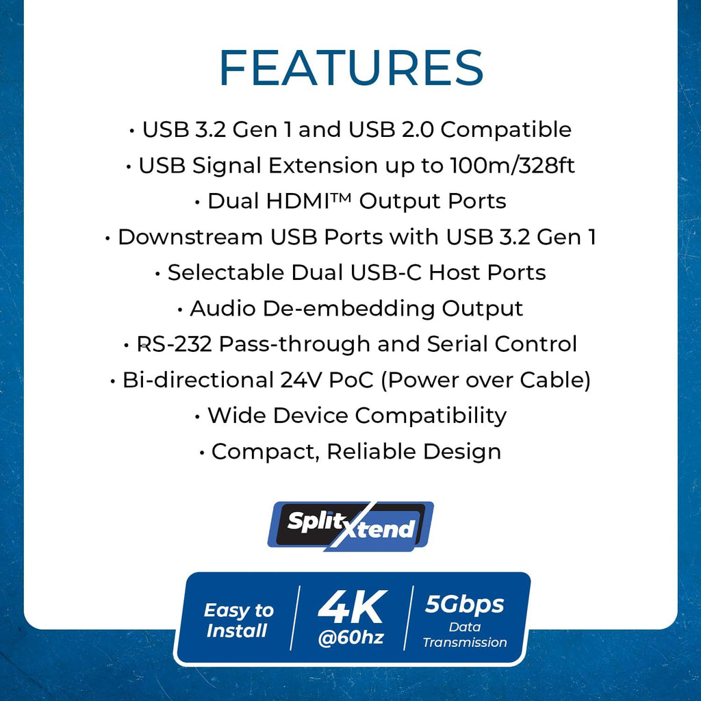OREI SplitXtend 4K Dual Monitor Over Ethernet KVM USB 3.2 Cat6 Extender LAN Upto 330 Feet - DisplayLink HDMI Dual Host Extends 2X USB-C/ 2X USB-A - RS-232, PoC