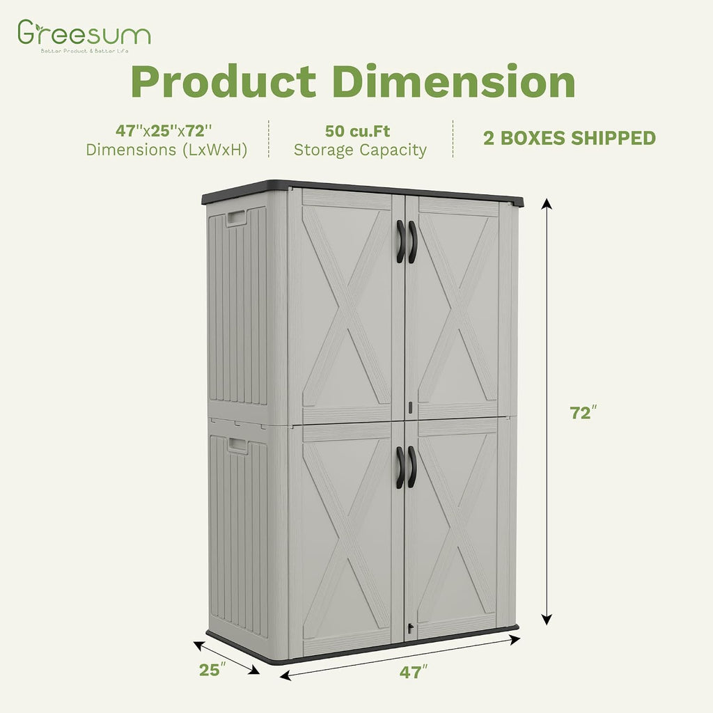Greesum Outdoor Storage Cabinet, 50 CUFT Deck Box Without Shelves, Waterproof Plastic Storage Shed for Patio Cushions, Gardening Tools, Lockable and Sidehandles, UV Resistant, Beige